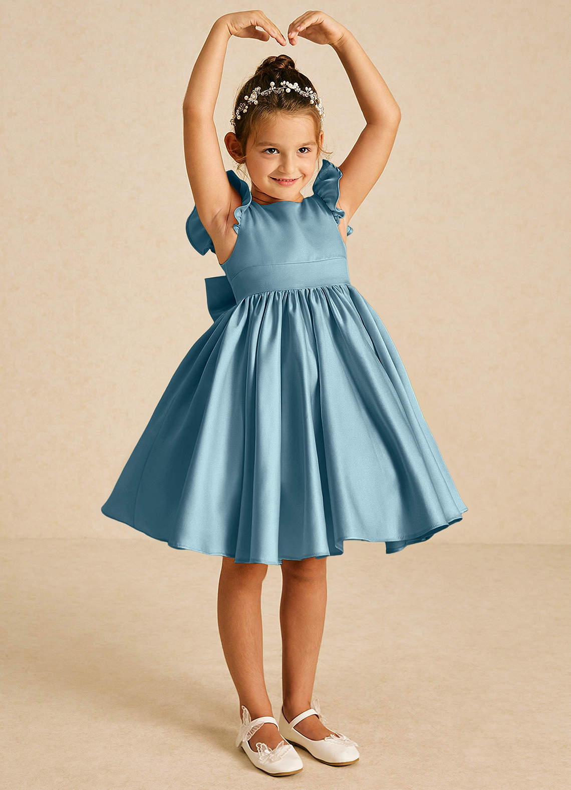 Azazie Tootsie Flower Girl Dresses Moody Blue A-Line Bow Matte Satin Dress image1