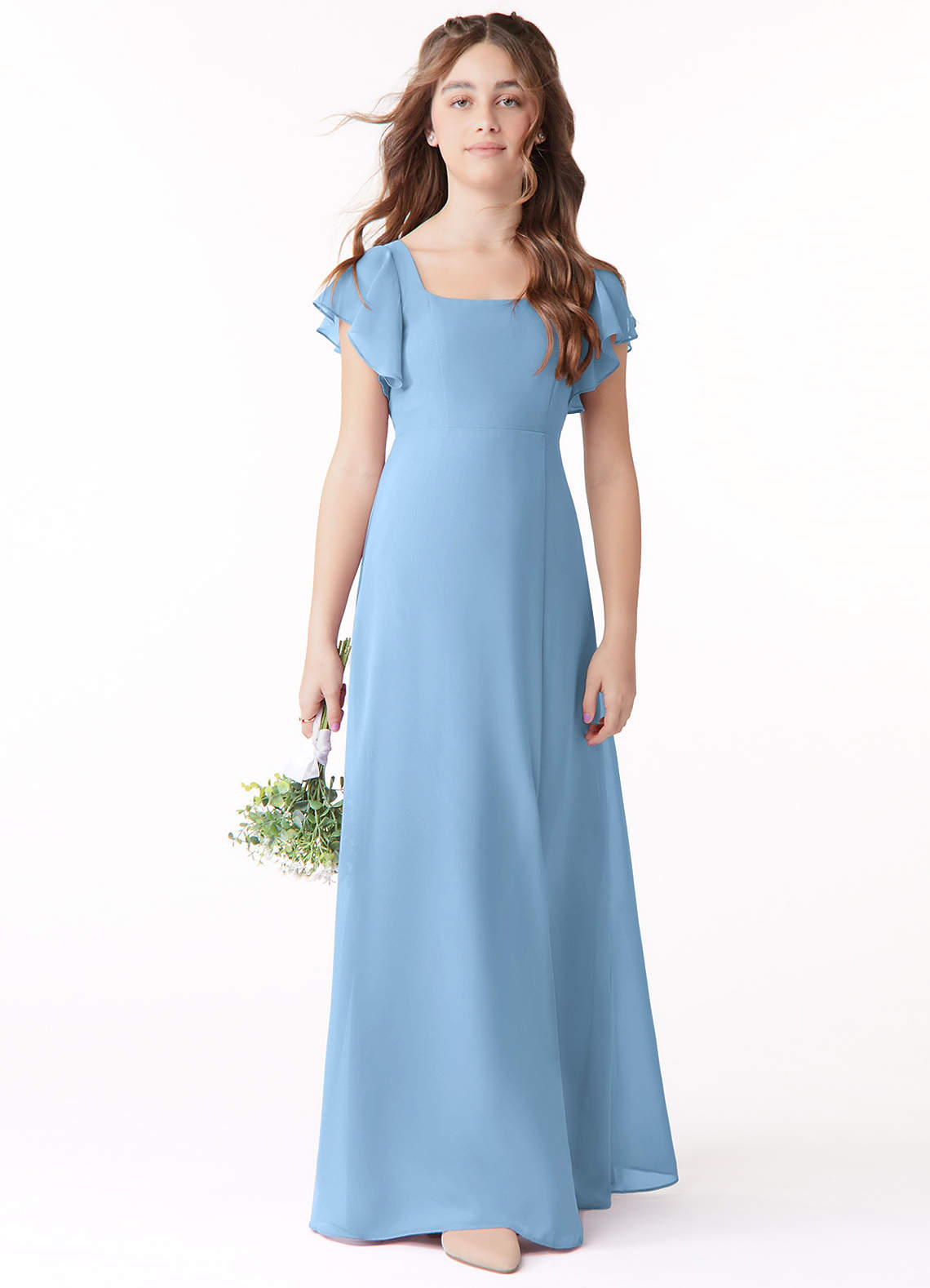 Azazie Bondi Junior Powder Blue A-Line Bow Chiffon Dress image1