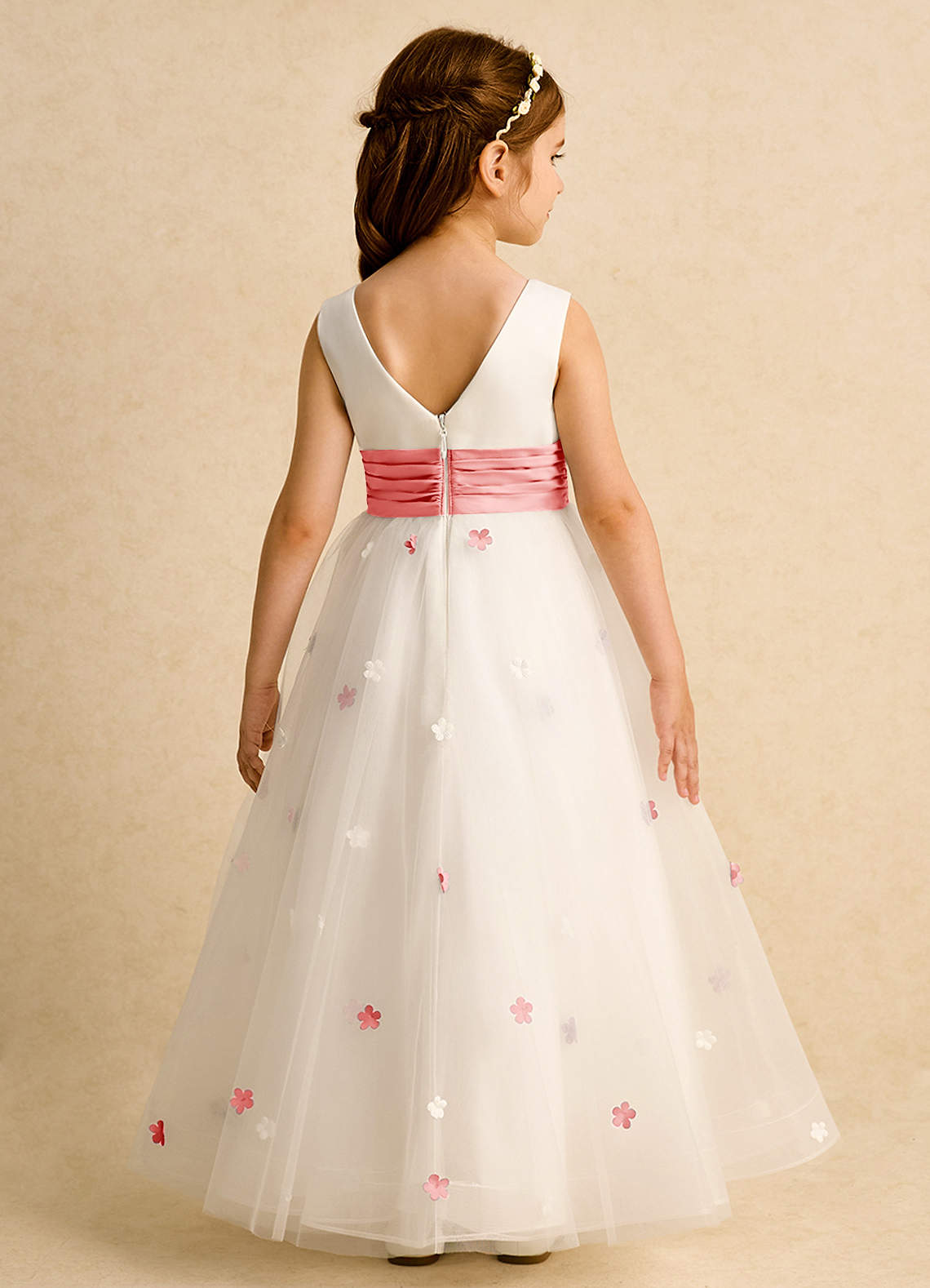 Azazie Cricket Flower Girl Dresses Ivory Coral Ball-Gown Pleated Matte Satin Dress image1