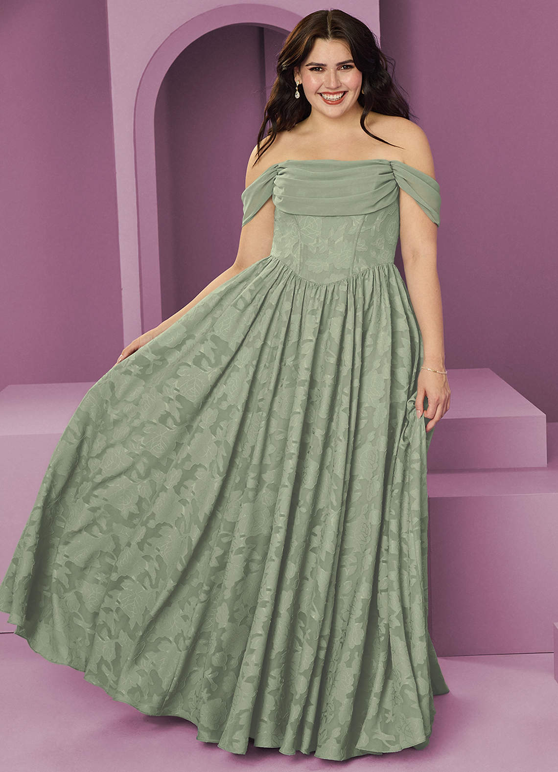 Barbie ♥ Azazie Bridesmaid Dresses Agave A-Line Off the Shoulder Floral Burnout Convertible Dress image1
