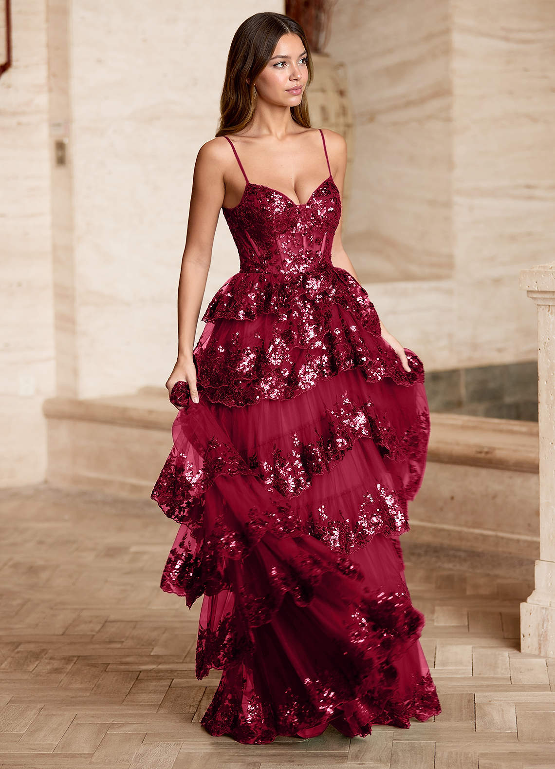 burgundy couture dress Ladivine CD386 Elegant A-line Formal Gown with Neck Scarf Burgundy / 6