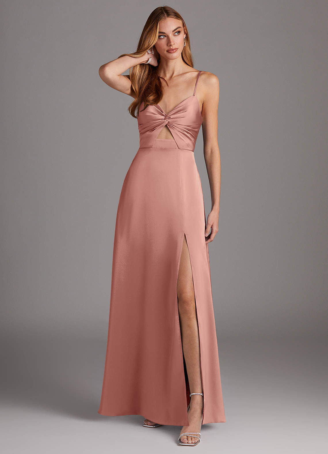 Azazie Jenna Bridesmaid Dresses Rosette A-Line Pleated Stretch Satin Dress image1