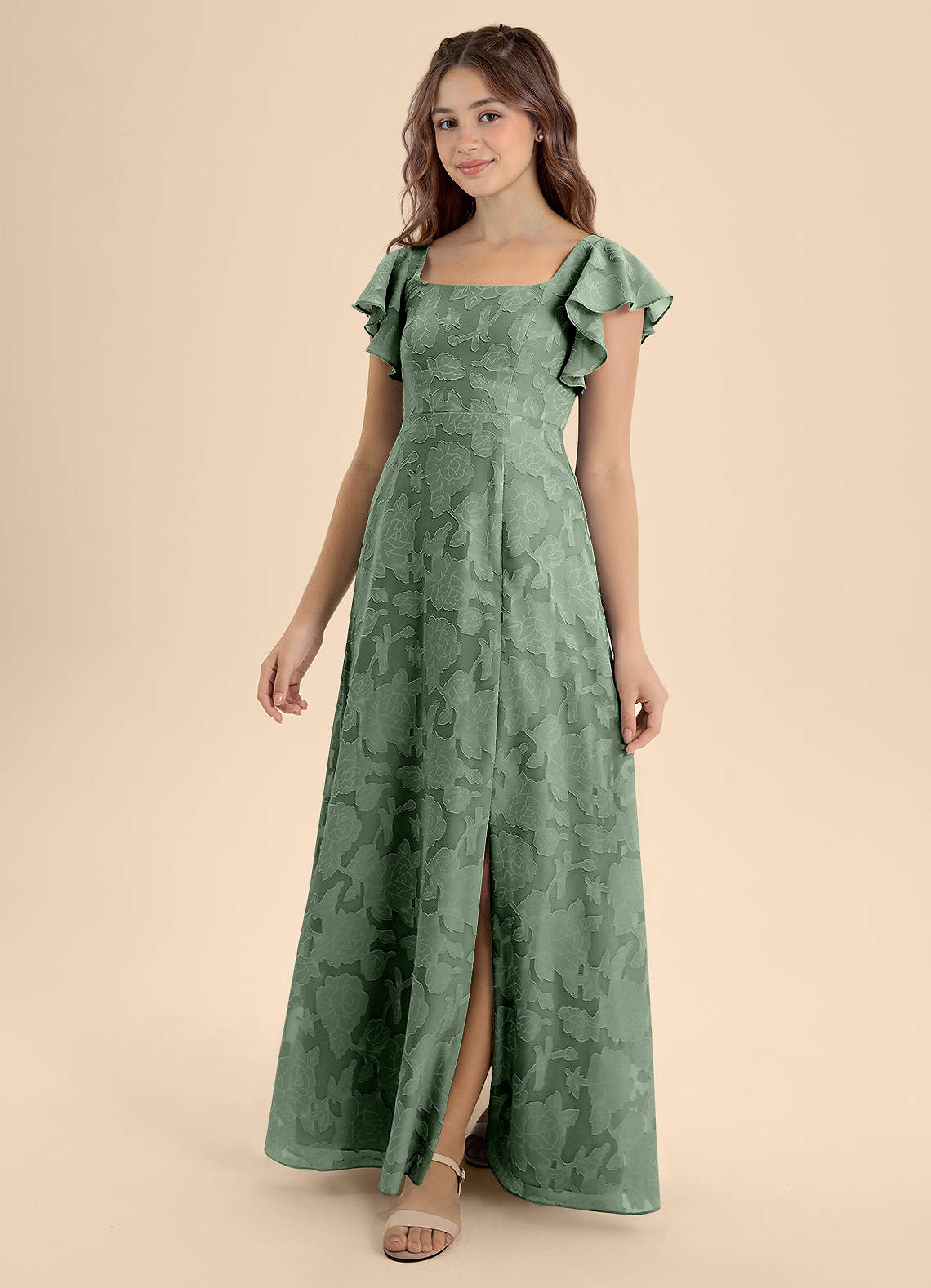 Azazie Bondi Junior Vestido de Matcha de Devorado Floral de Corte En A con Lazo image1