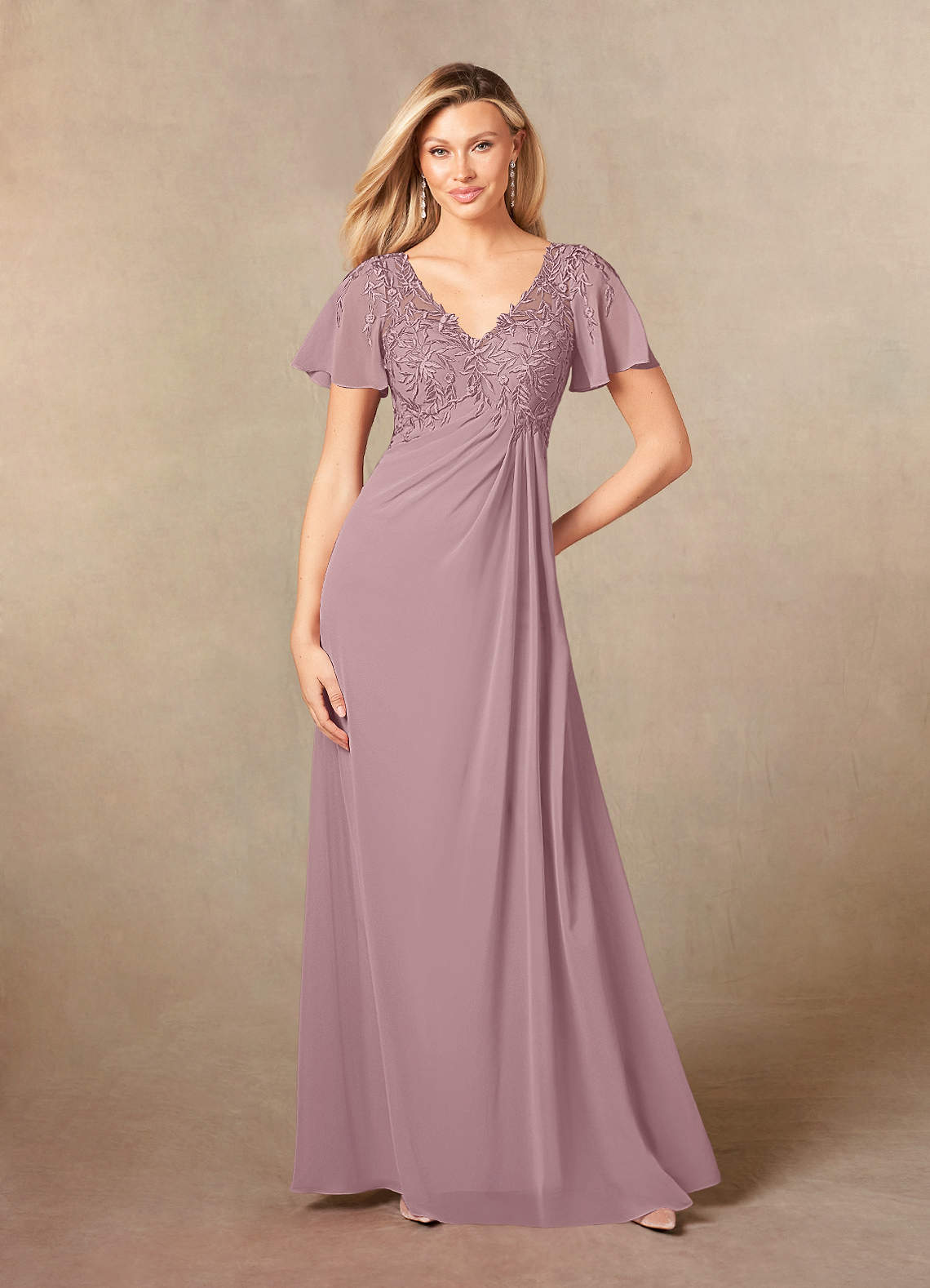 Azazie Holga Mother of the Bride Dresses Dusty Rose A-Line V-Neck Lace Chiffon Dress image1