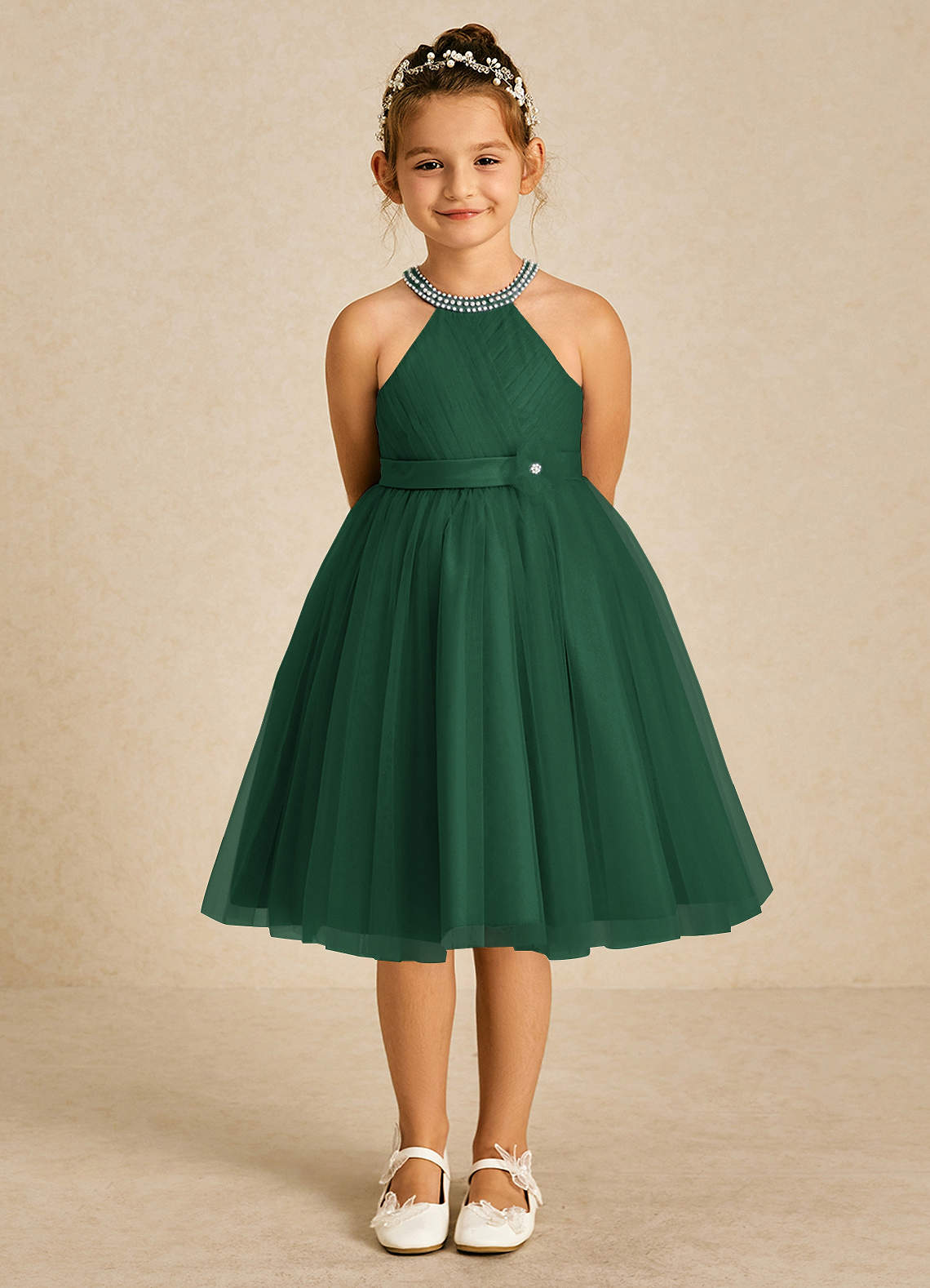Azazie Honey Flower Girl Dresses Dark Green A-Line Beaded Matte Satin Dress image1