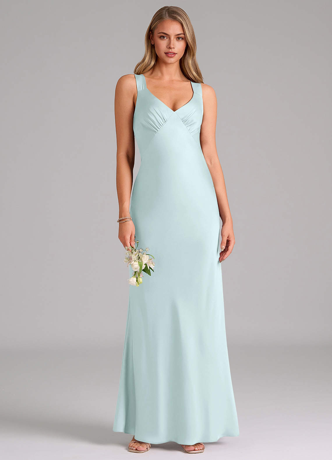 Azazie Kamila Bridesmaid Dresses Sea Glass A-Line Pleated Stretch Satin Dress image1