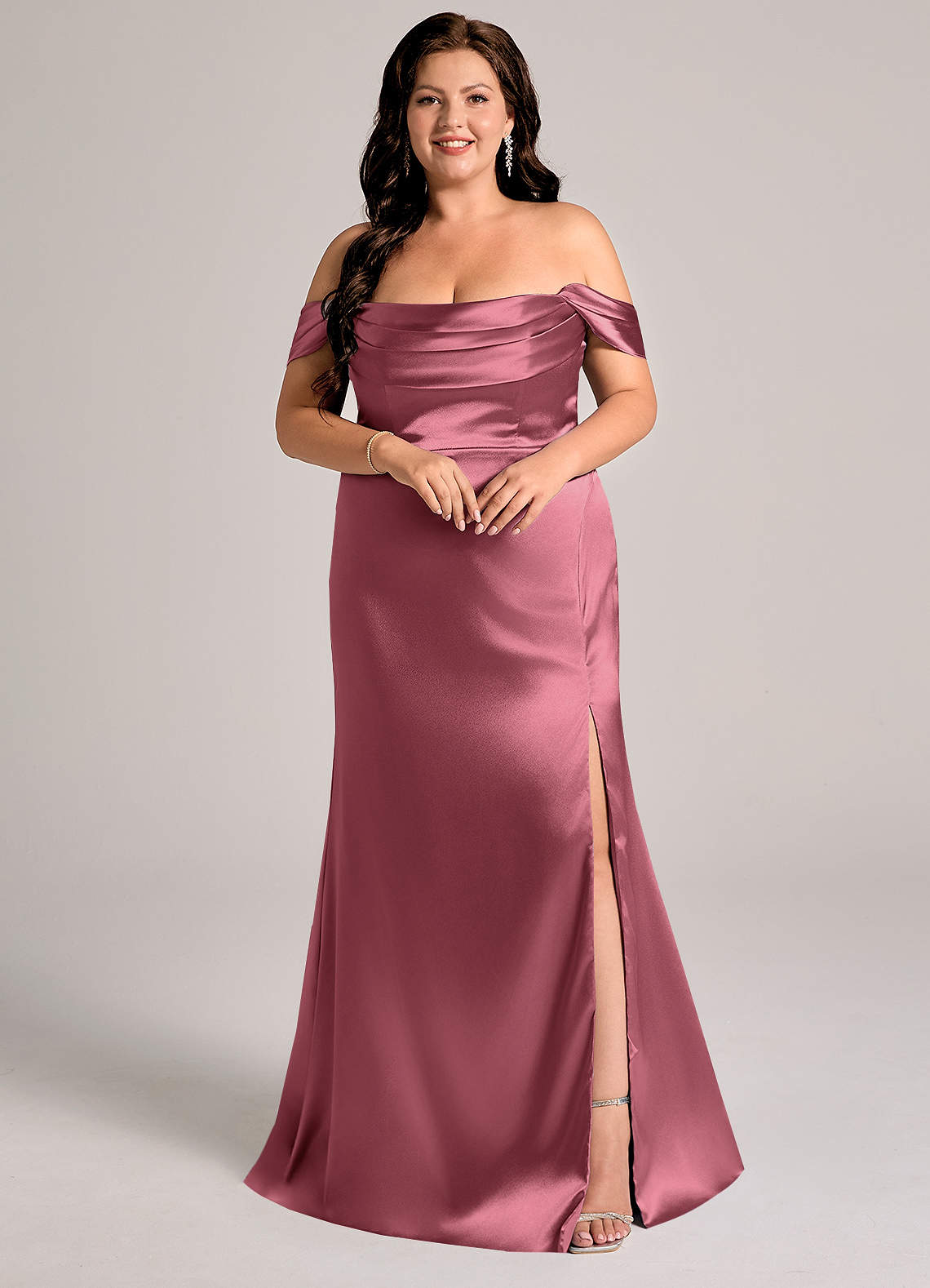 Azazie Saige Bridesmaid Dresses Desert Rose Sheath Off the Shoulder Metallic Satin Convertible Dress image1