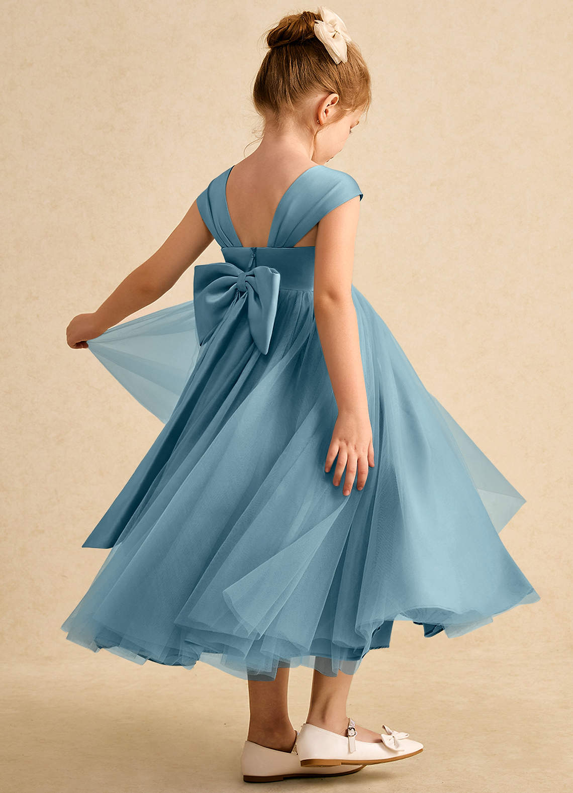 Azazie Chickadee Flower Girl Dresses Moody Blue Ball-Gown Sweetheart Neckline Matte Satin Dress image1