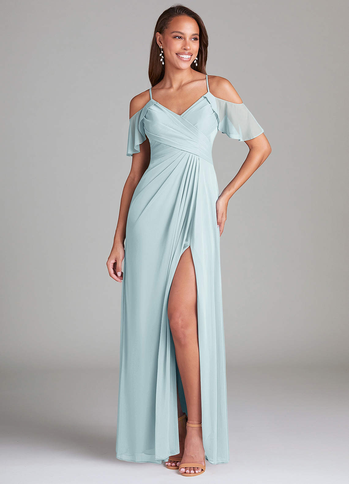 Azazie Dakota Bridesmaid Dresses Mist A-Line Off the Shoulder Mesh Dress image1