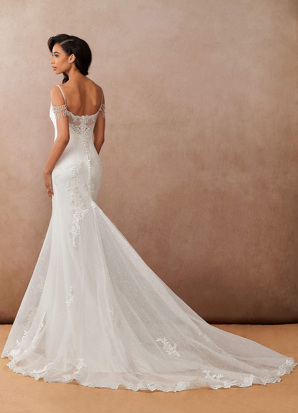 Azazie Saskia Vestidos de novia Vestido de Diamante Blanco de Tul de Corte Sirena con Lentejuela image6