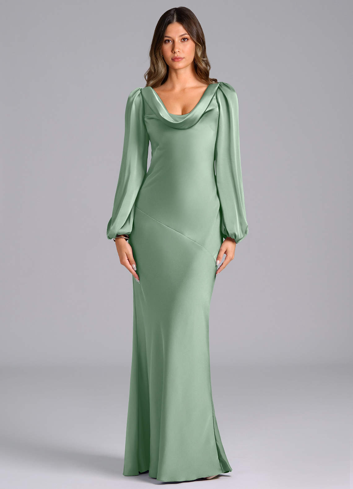 Azazie Rylina Bridesmaid Dresses Agave Mermaid Long Sleeve Stretch Satin Dress image1
