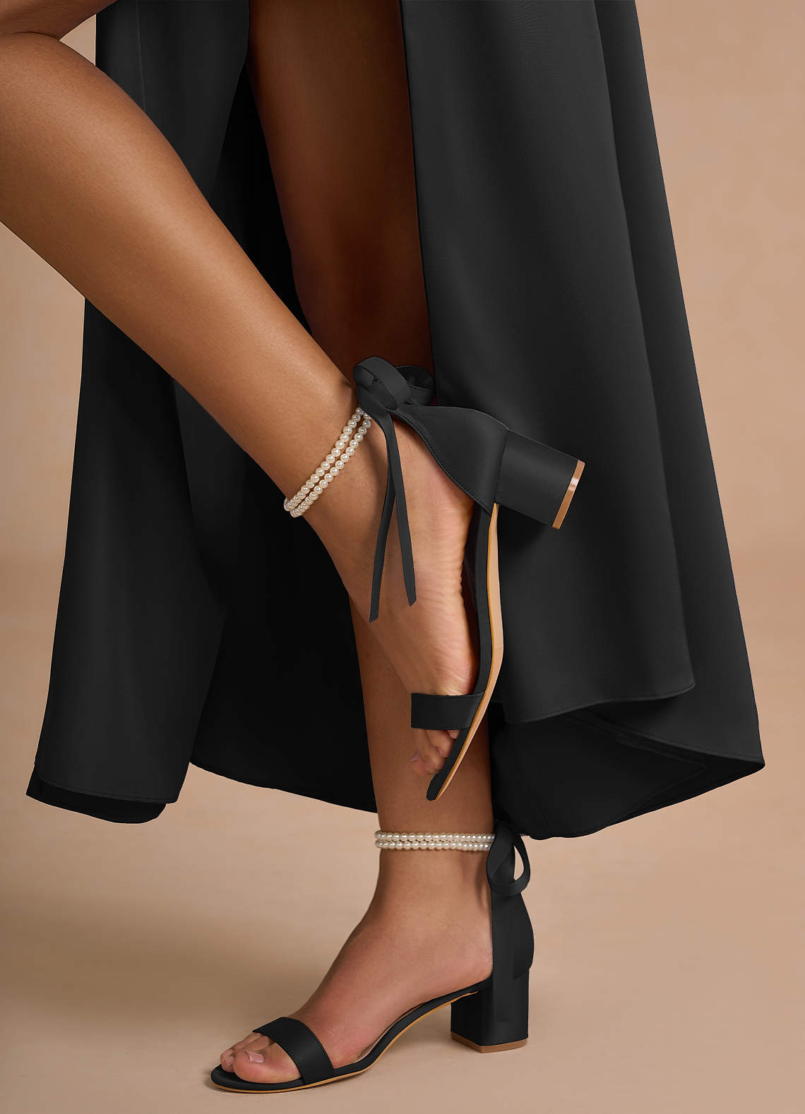 front Matching Color Matte Satin Pearl and Bow Open Toe Chunky Heel Sandals