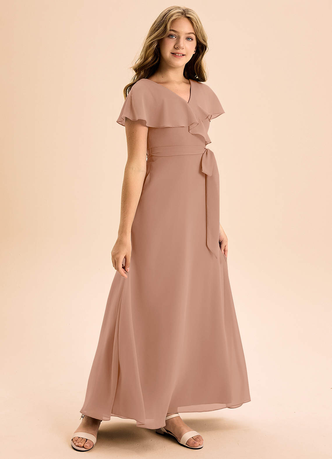 Azazie Lainey Junior Abito A-Line in Chiffon Con Tasche Champagne Rosa image1