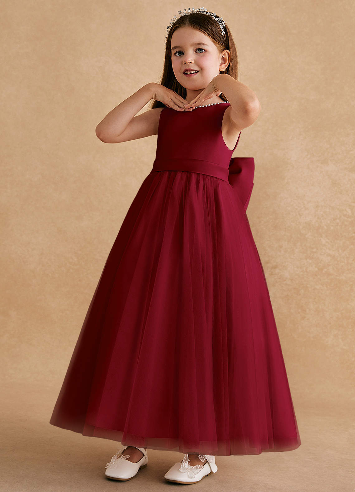 Azazie Cookie Flower Girl Dresses Burgundy A-Line Bow Tulle Dress image3