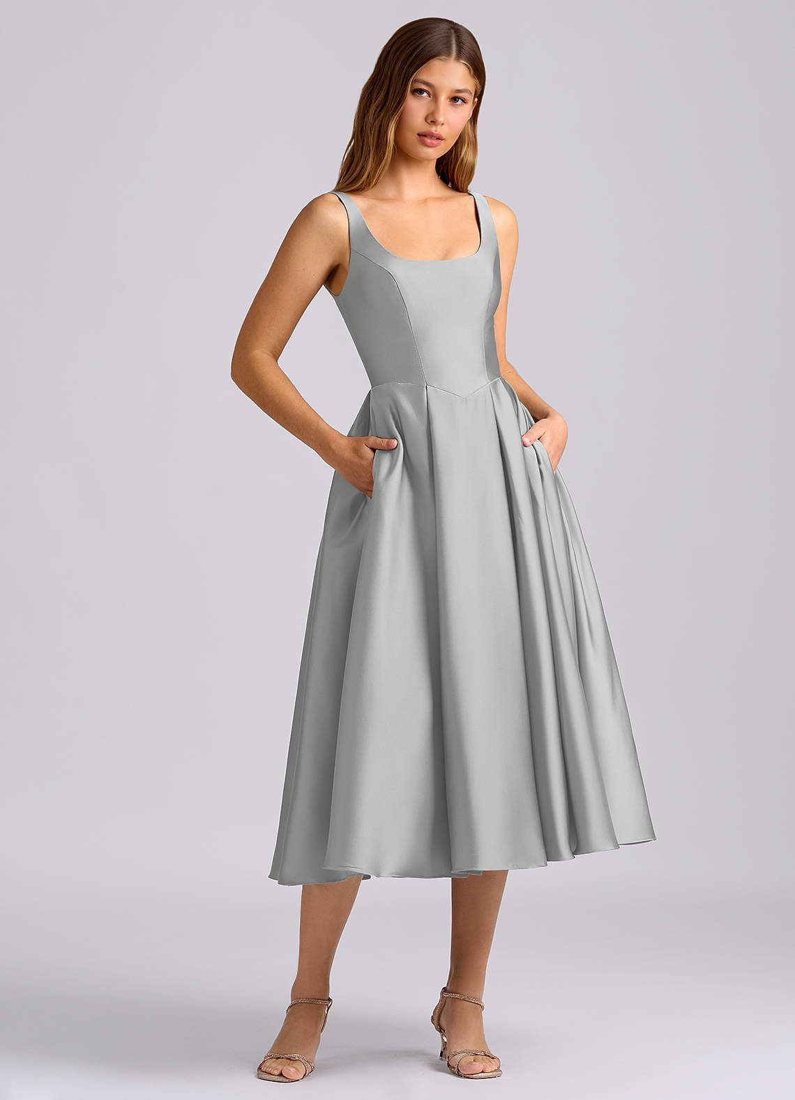 Azazie A-Line Square Neck Tea-Length Stretch Satin Bridesmaid Dresses - Silver