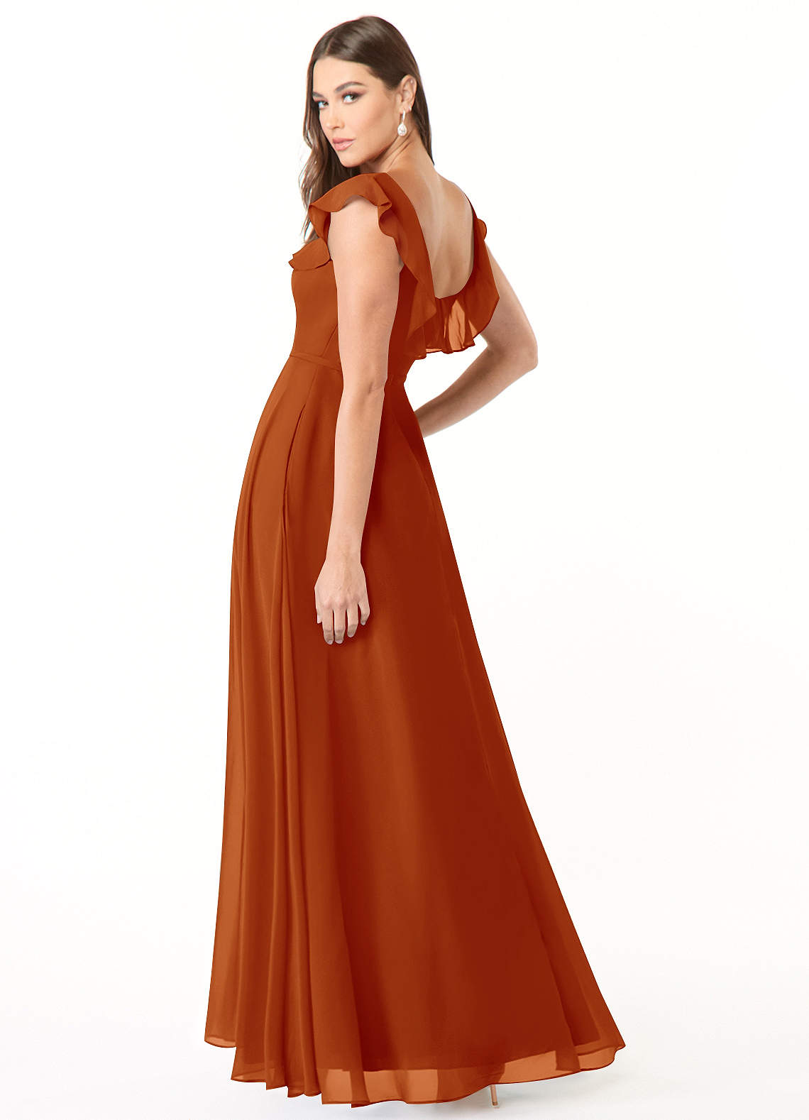 babydoll style bridesmaid dresses Alena Modest A-Line Tiered Ruffles Floor Length Chiffon Bridesmaid Dresses with Sleeves, Candy Pink main image 1