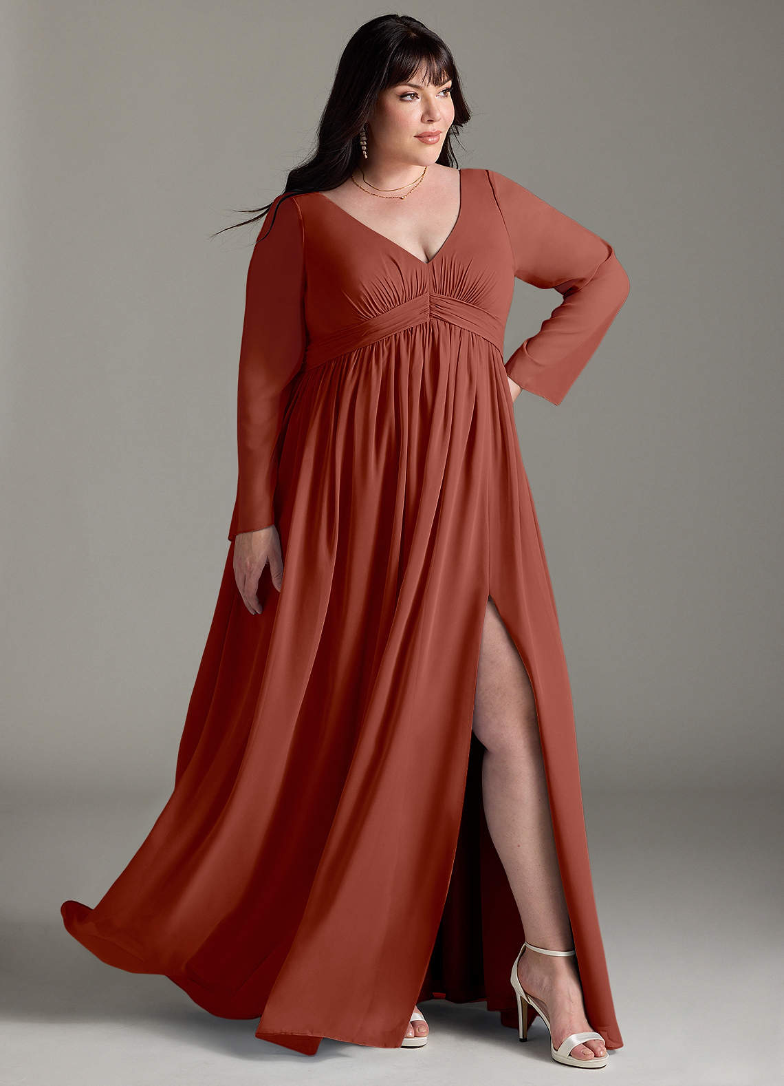 Azazie Teton At-home Try On Dresses A-Line Long Sleeve Chiffon Floor-Length Dress image10