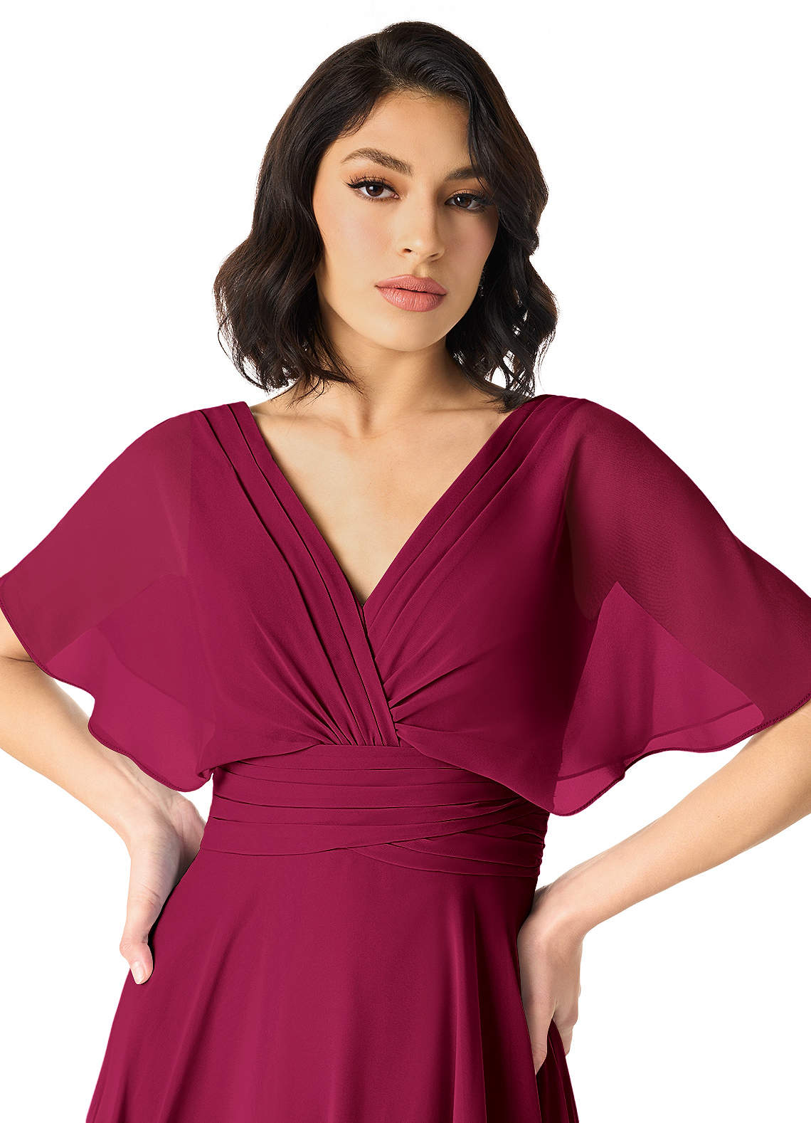 Azazie Pamela Bridesmaid Dresses Burgundy A-Line V-Neck Pleated Chiffon Dress image3