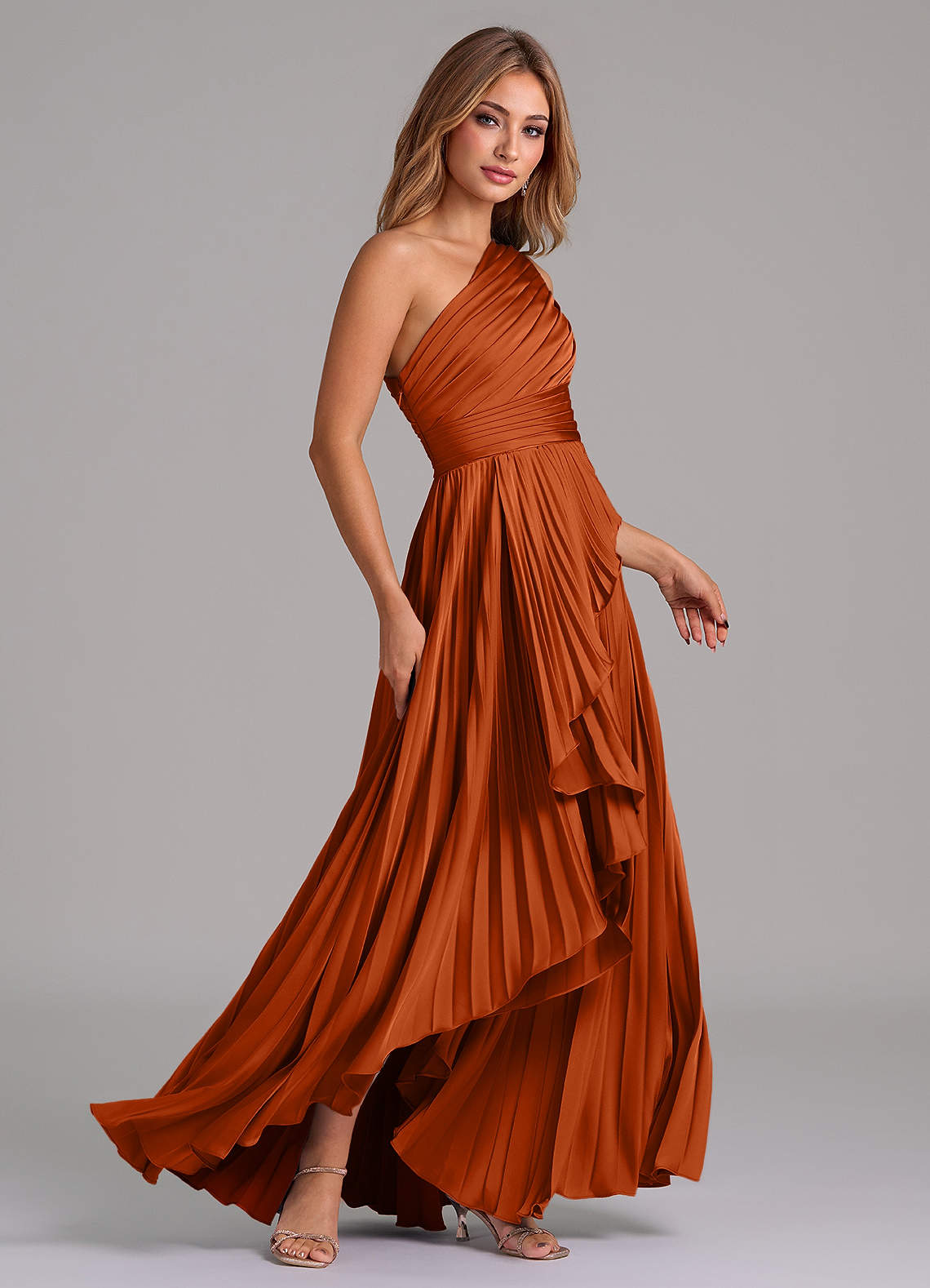 Azazie Lyrica Bridesmaid Dresses Burnt Orange A-Line One Shoulder Stretch Satin Dress image2