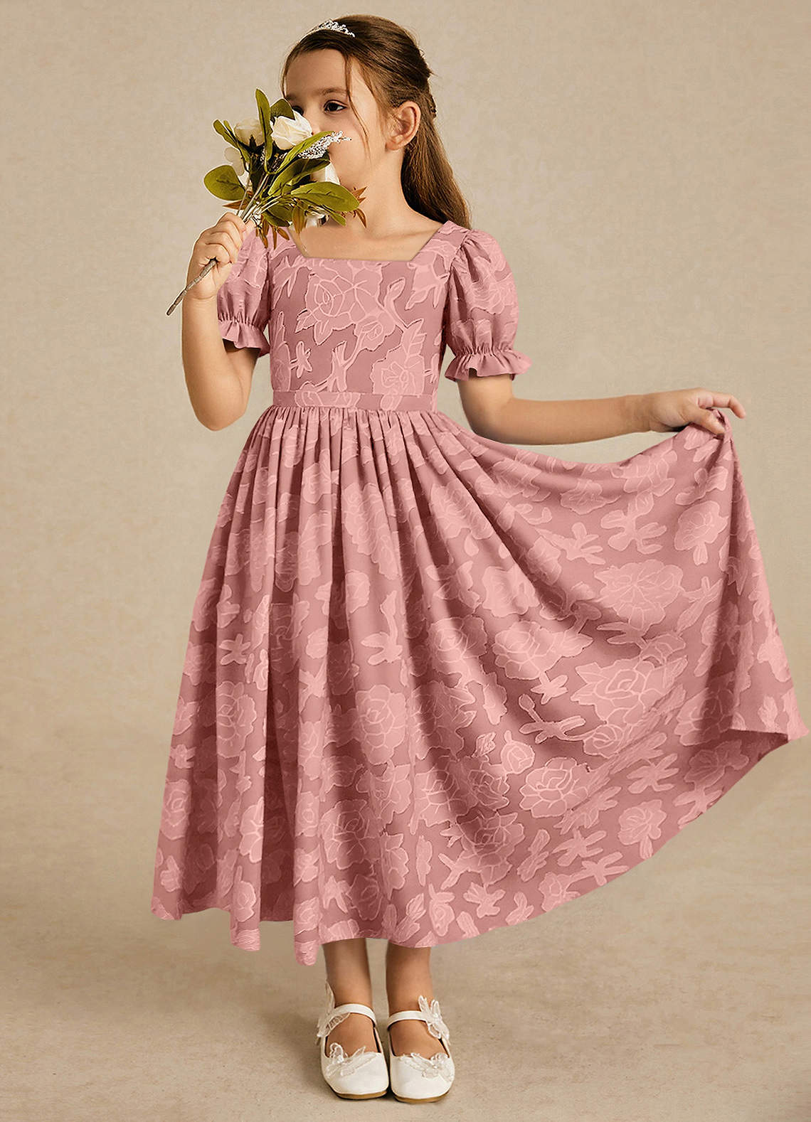 Azazie Joss Robe Demoiselle D'honneur Fillette Robe Trapèze en Blumen-Burnout avec manches Rosette image1