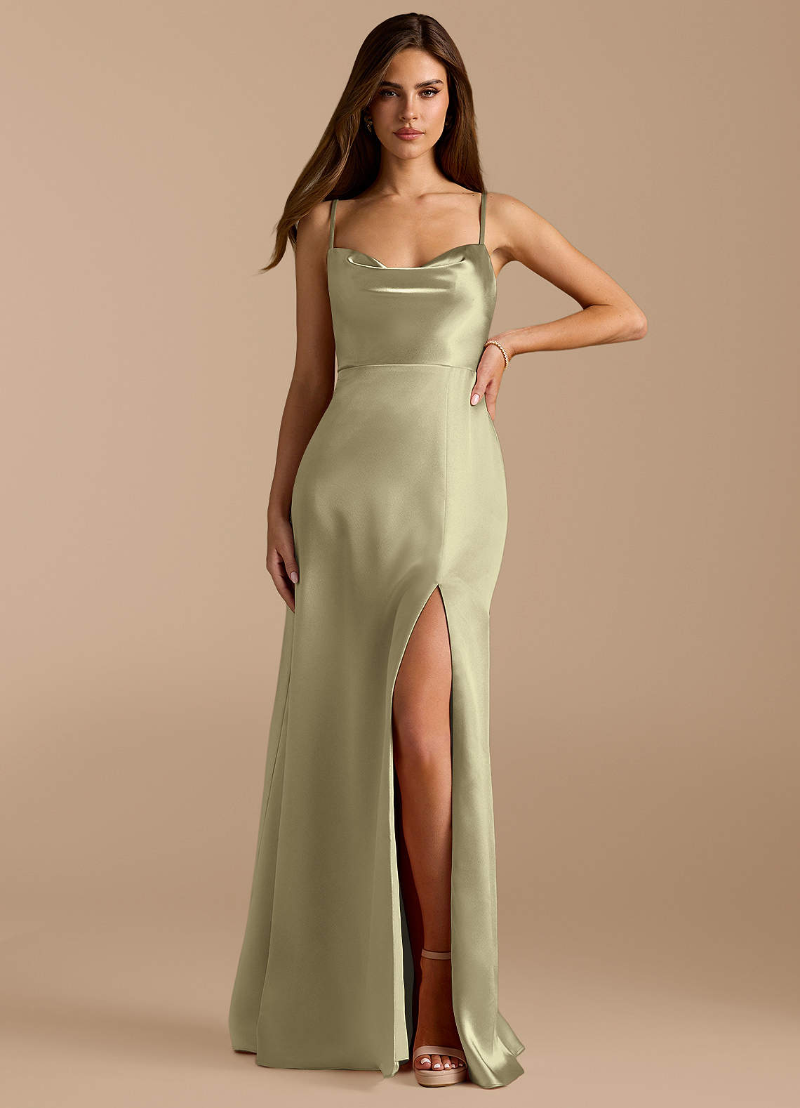 Azazie Erma Bridesmaid Dresses Moss Green A-Line Side Slit Metallic Satin Dress image1