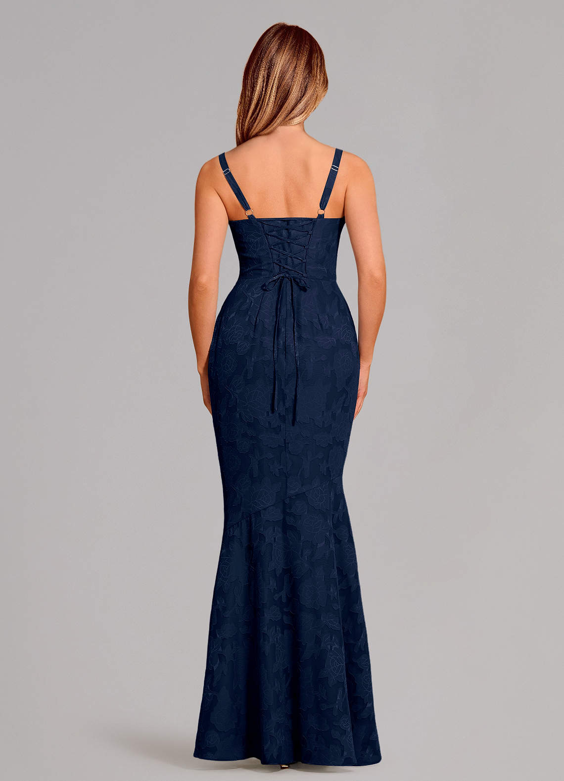 Azazie Aubrey Final Sale Dark Navy Mermaid Bow Floral Burnout Dress image4