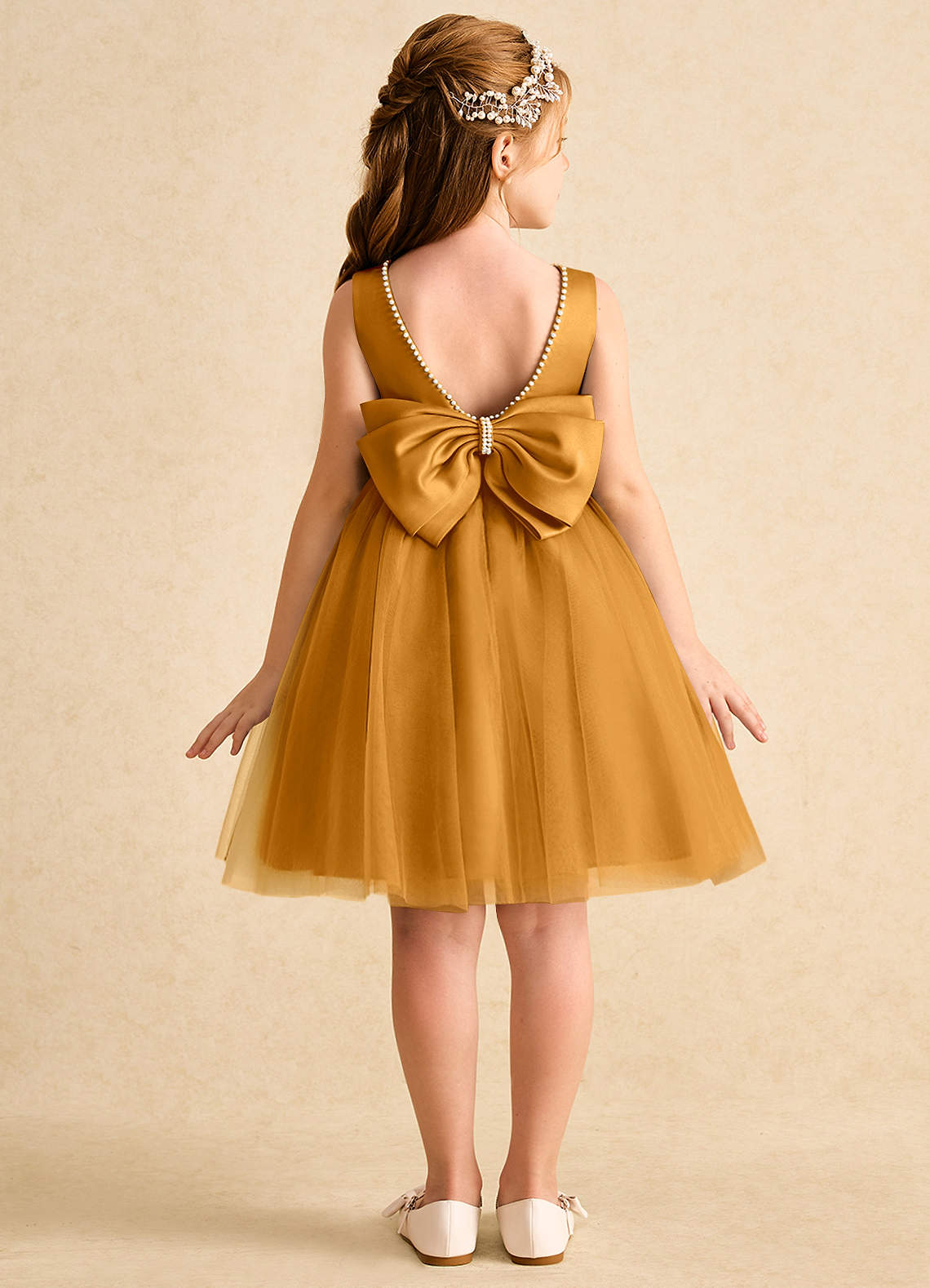 Azazie Jani Flower Girl Dresses Butterscotch A-Line Bow Tulle Dress image1