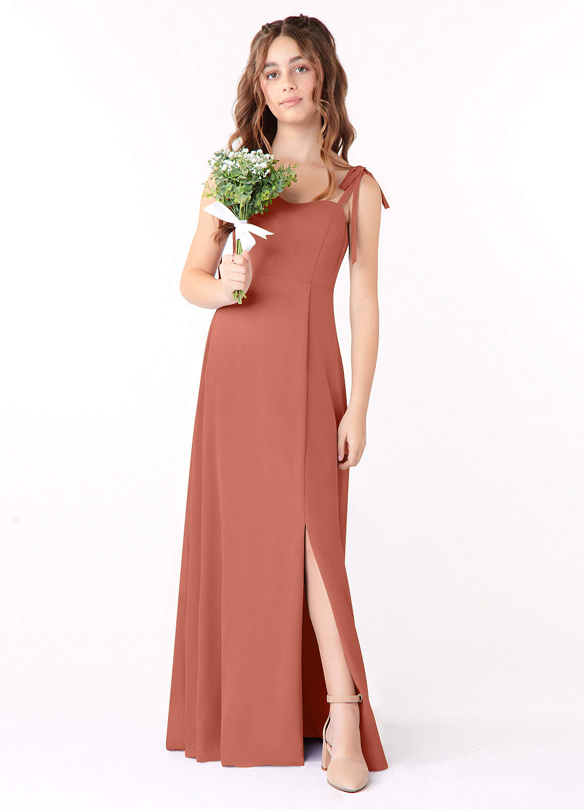 Azazie Rosey Junior Clay A-Line Sweetheart Neckline Chiffon Dress image1