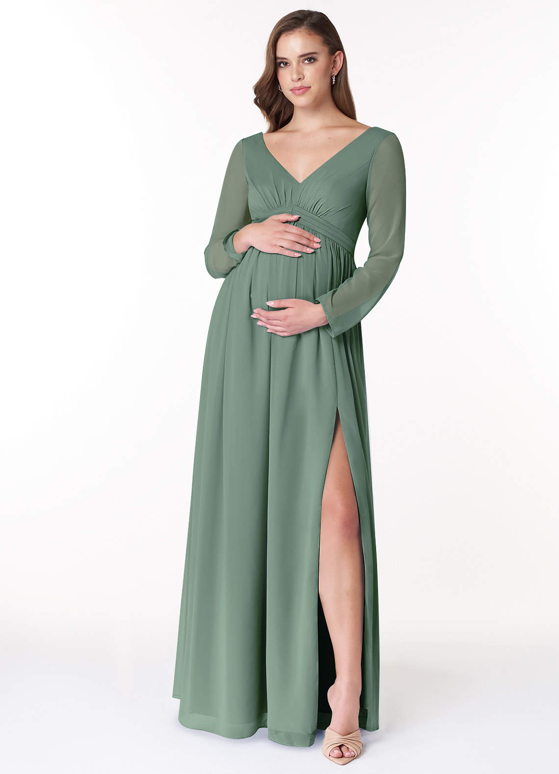 Azazie Teton1 vestidos de dama de honor de maternidad Vestido de Acampanado Manga larga Largo hasta el piso Stretch Satin image1