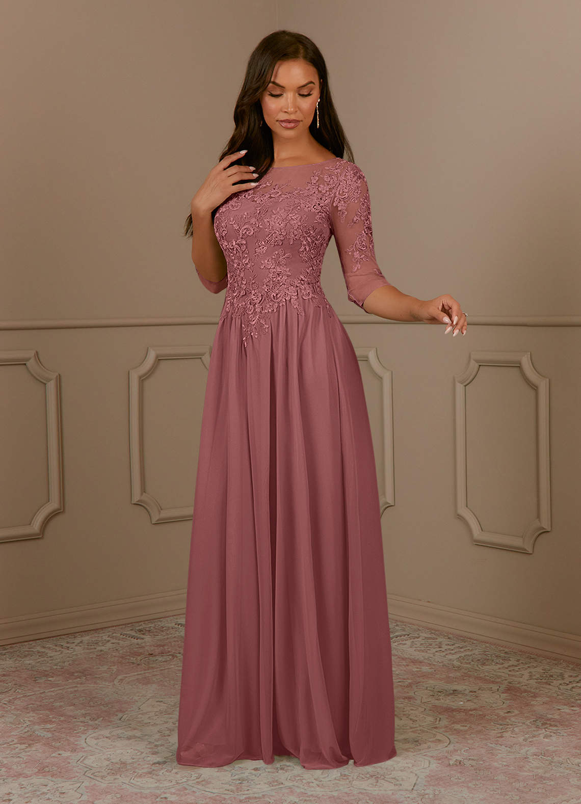 Azazie A-Line/Princess Illusion Floor-Length Mesh Mother of The Bride or Groom Dresses - Desert Rose