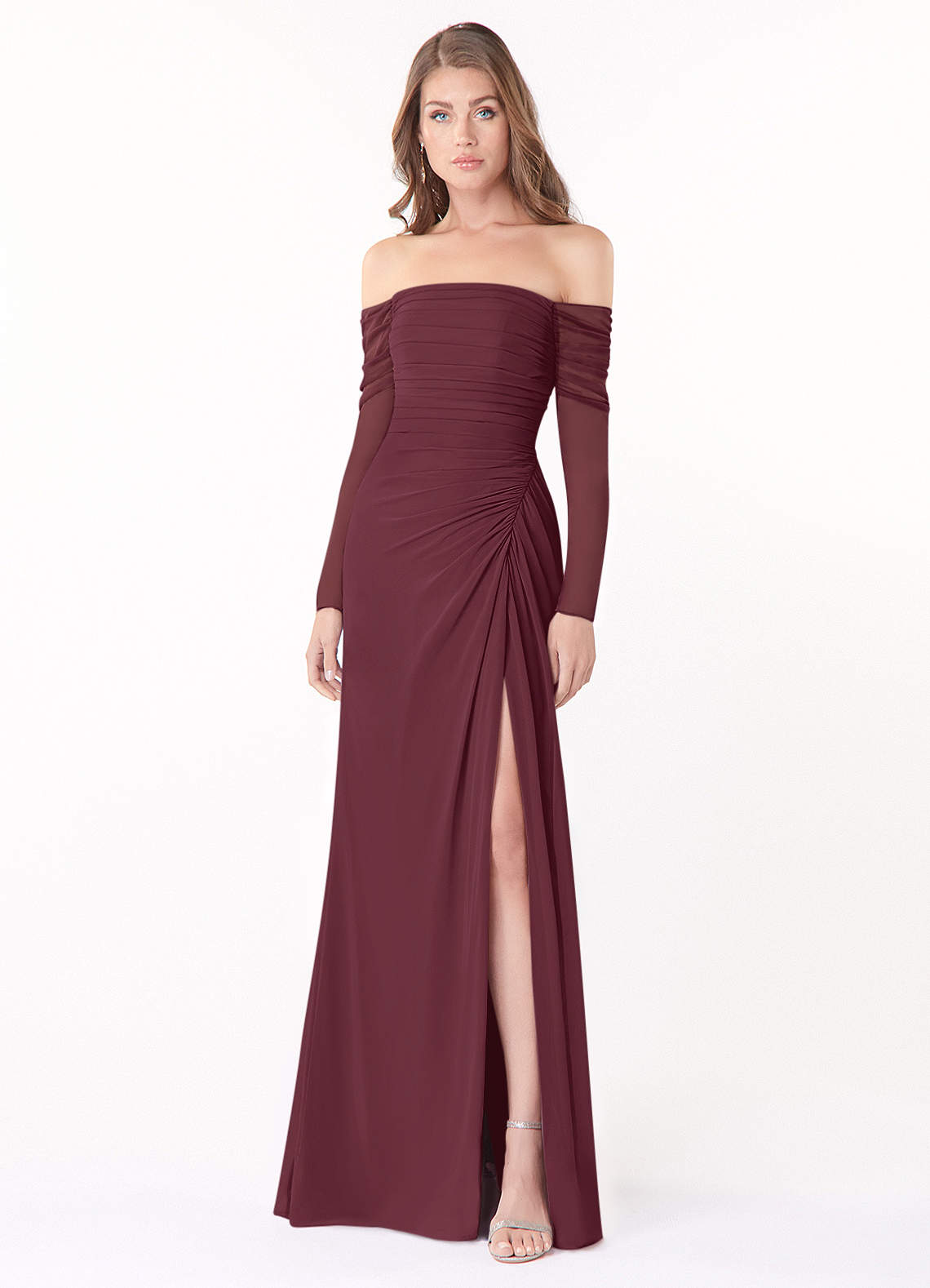 Azazie Jaquelyn Final Sale Cabernet Sheath Long Sleeve Chiffon Convertible Dress image1