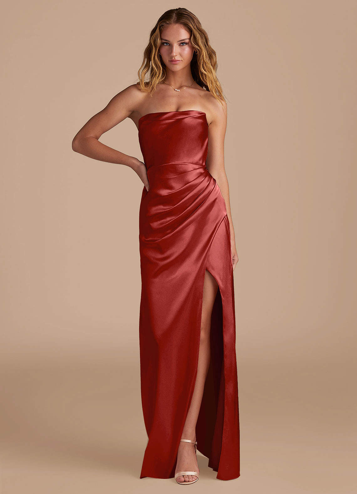 Azazie Leonis Bridesmaid Dresses Rust Mermaid Pleated Metallic Satin Convertible Dress image1