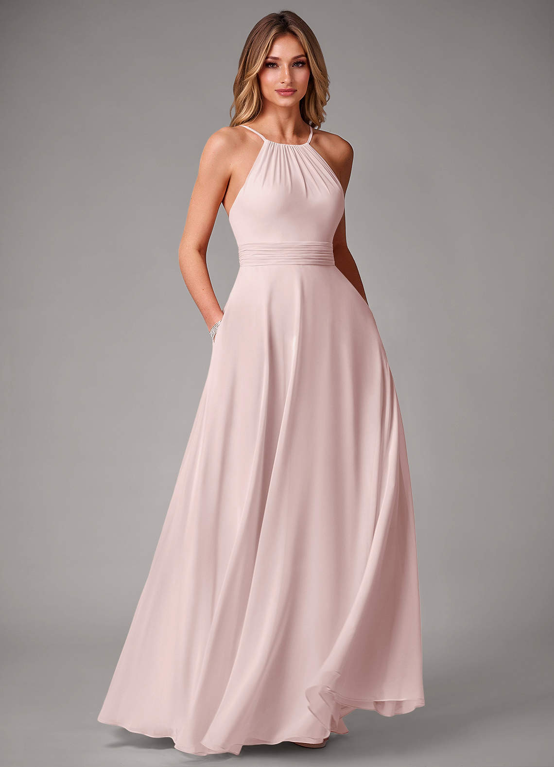 Azazie Amalia Bridesmaid Dresses Blushing Pink A-Line Pleated Chiffon Dress image1