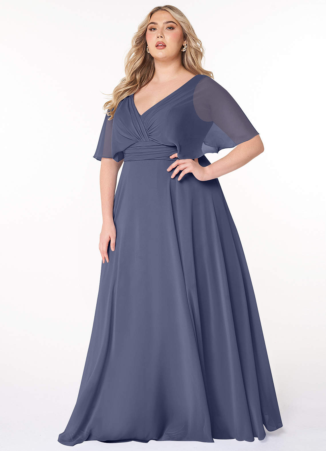 Azazie Pamela Robes de demoiselle d'honneur Robe Trapèze en Mousseline de soie Col V plissé Bleu Orageux image1