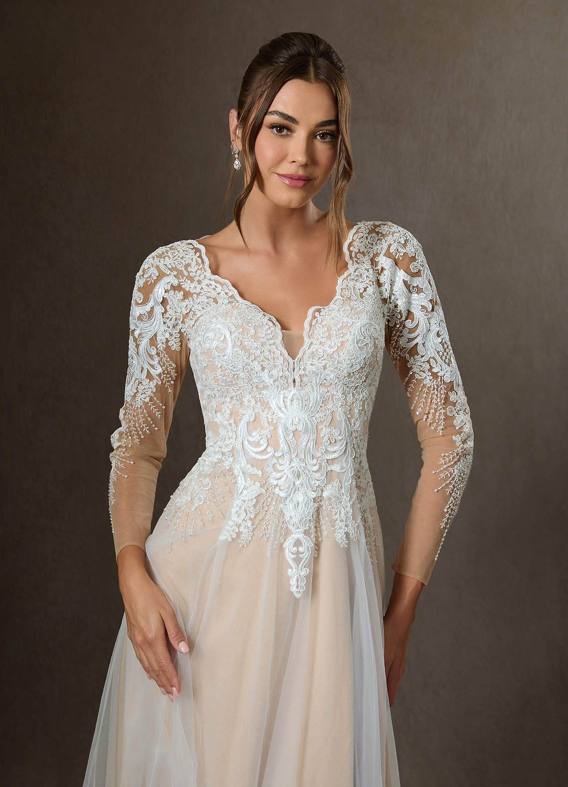 Azazie Essy Wedding Dresses Diamond White Champagne A-Line V-Neck Sequins Tulle Dress image2