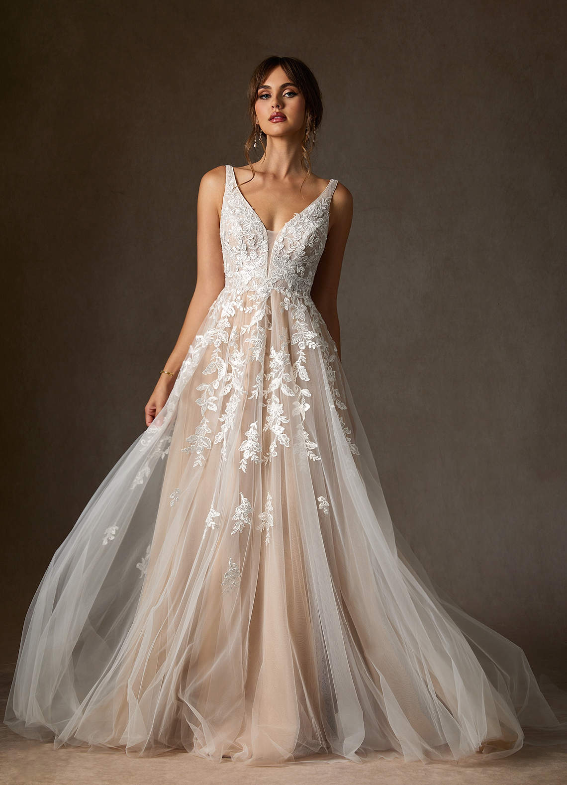 Azazie Sorella Diamond White Nude A-Line V-Neck Sequins Tulle