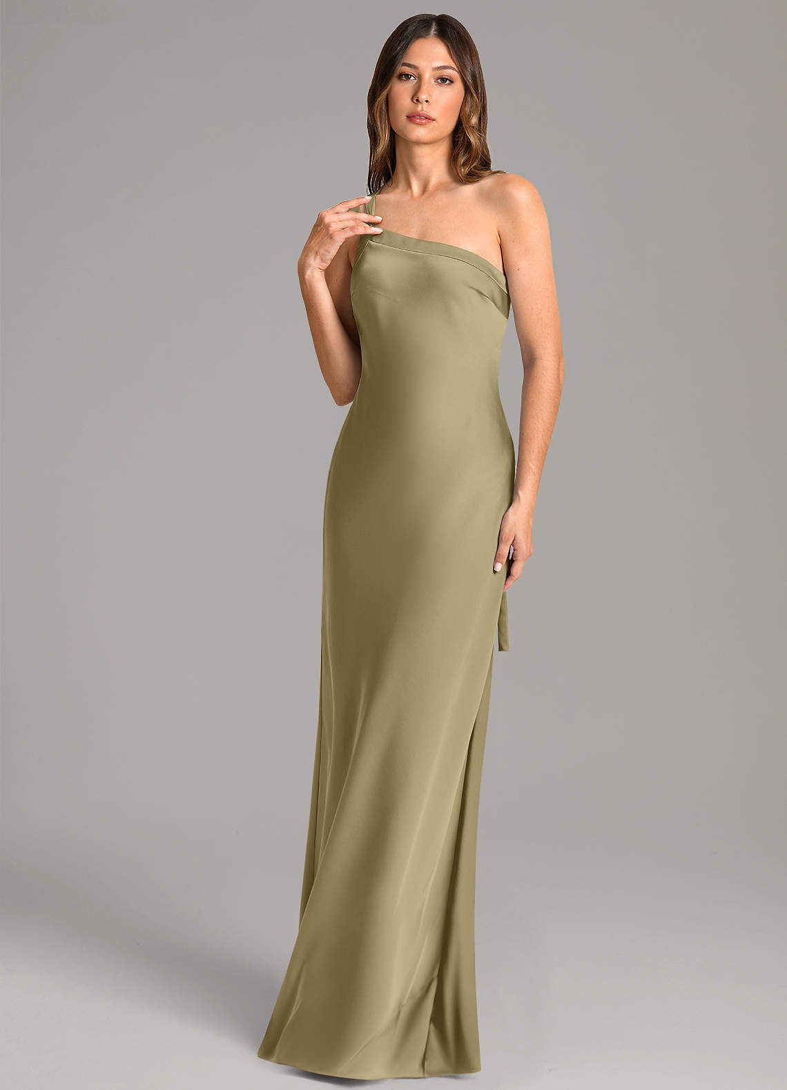 moss green satin dress KissProm Halter Ruched Sheath Bridesmaid in Green, Moss / 22 Moss Green Length Azazie Monroe