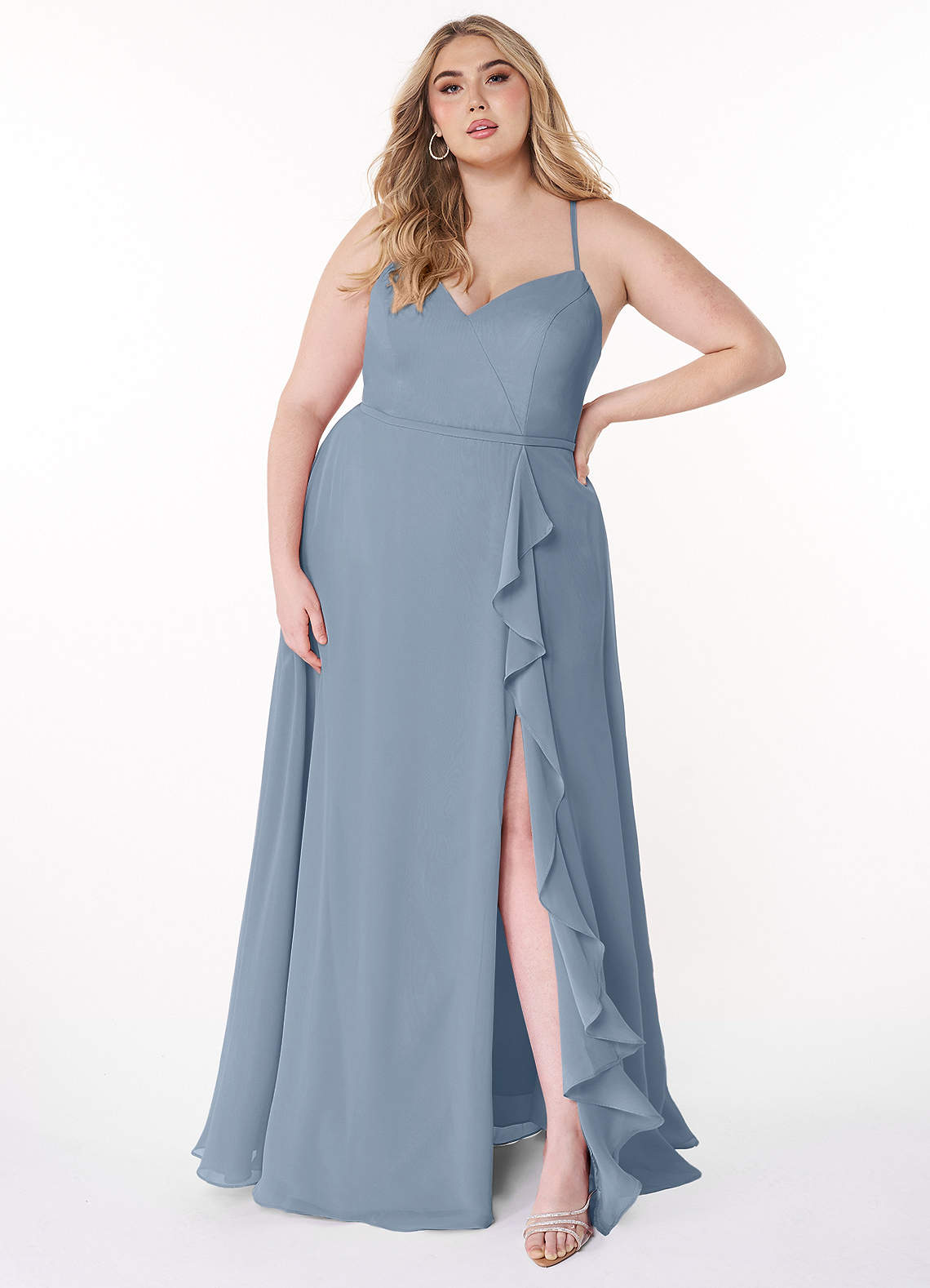 Azazie Naeem Bridesmaid Dresses Dusty Blue A-Line V-Neck Ruffle Chiffon Dress image6