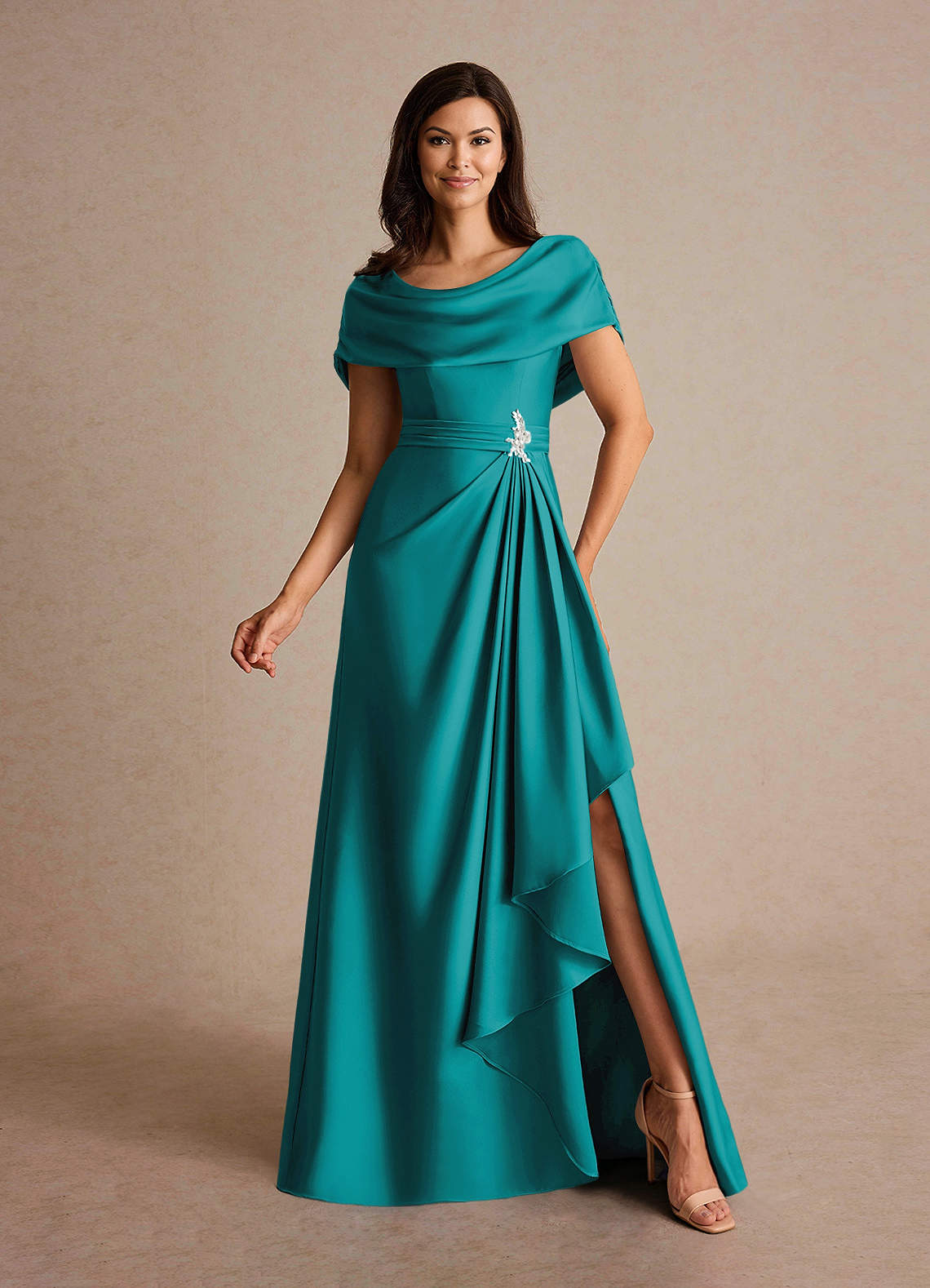 Azazie Branford Mother of the Bride Dresses Teal A-Line Pleated Stretch Satin Dress image1