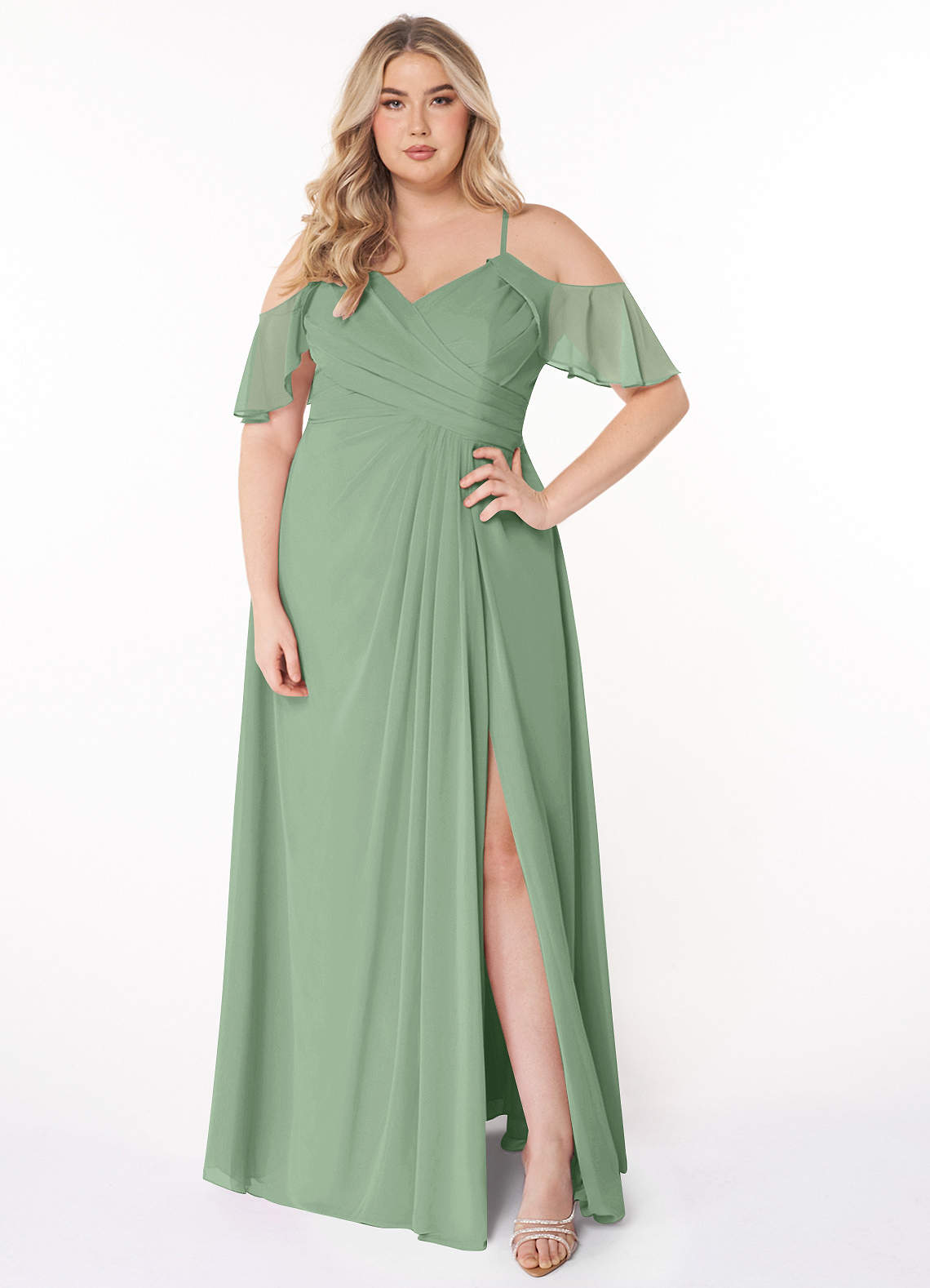 Azazie Dakota Bridesmaid Dresses Matcha A-Line V-Neck Pleated Chiffon Dress image1