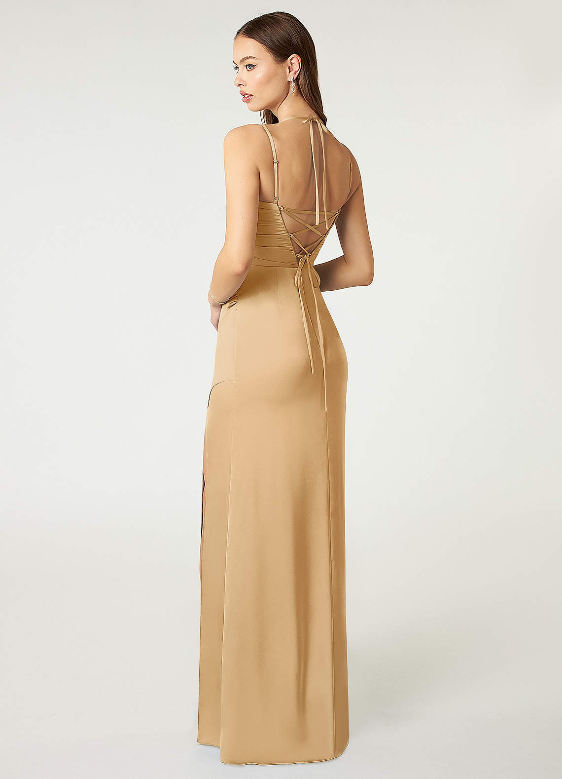 Azazie Desi Gold Stretch Satin Bridesmaid Dresses | Azazie