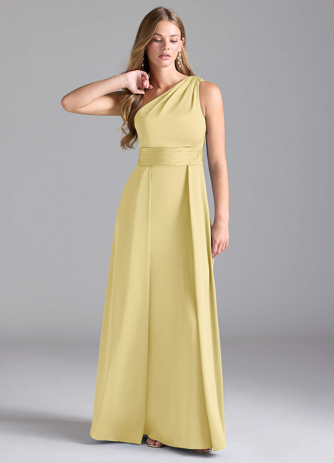 Azazie Dallas Bridesmaid Dresses Lemon Sorbet A-Line One Shoulder Stretch Satin Dress image1