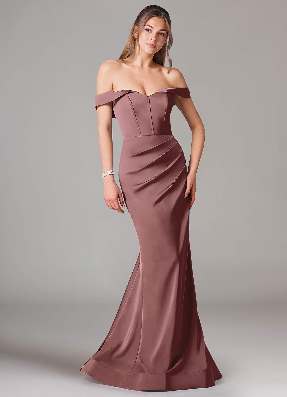 Azazie Everly Bridesmaid Dresses Vintage Mauve Mermaid Off the Shoulder Stretch Satin Convertible Dress image1