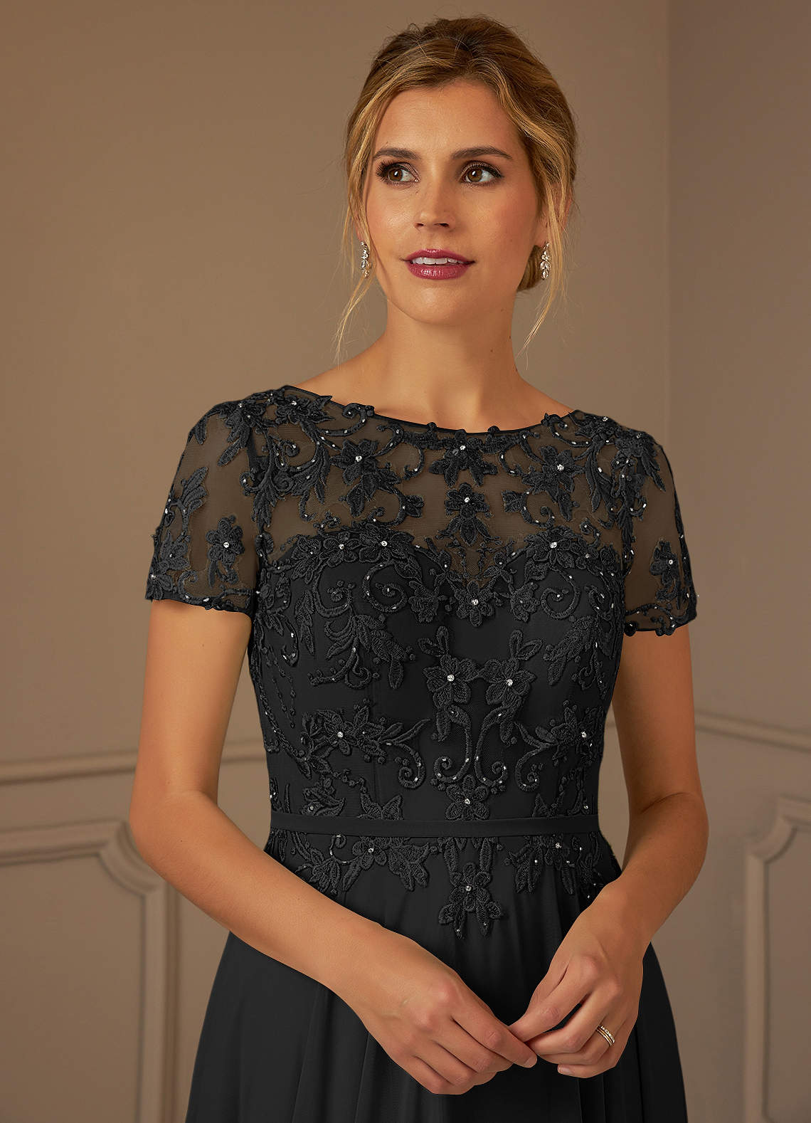 Azazie Adina Mother of the Bride Dresses Black A-Line Boatneck Sequins Chiffon Dress image3