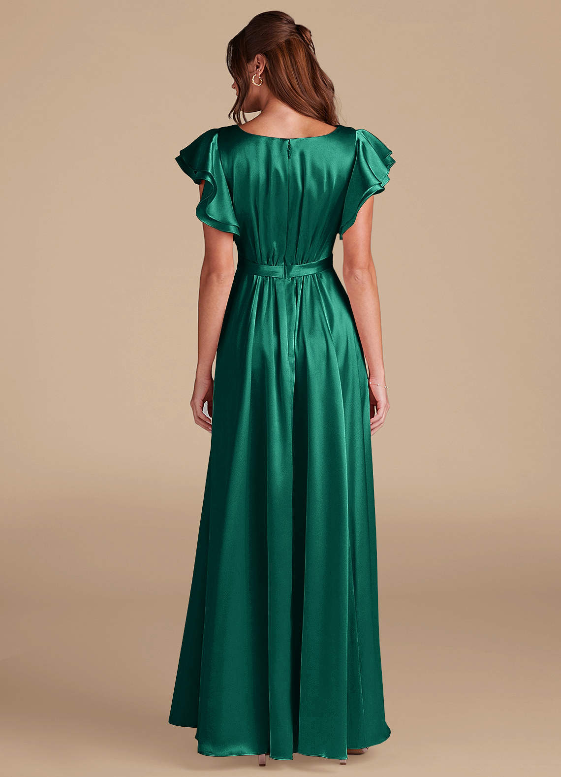 Azazie Daphne Modest Bridesmaid Dresses A-Line Ruched Metallic Satin Floor-Length Dress image1
