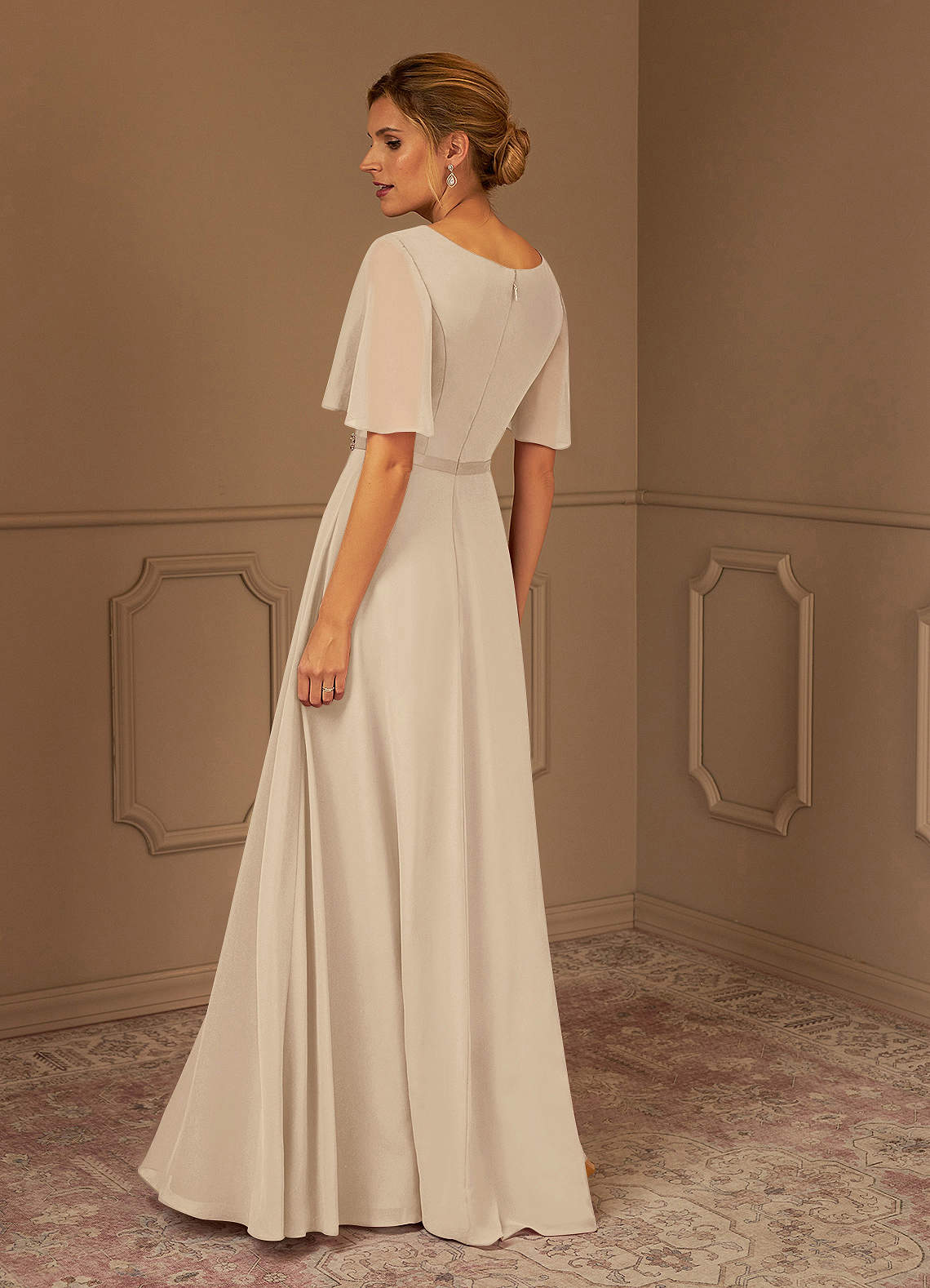 Azazie Tricia Champagne A-Line V-Neck Pleated Chiffon Dress | Azazie