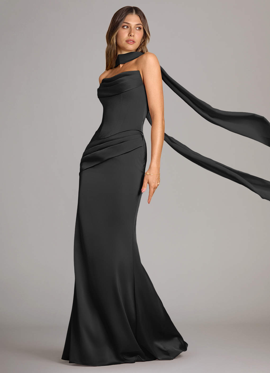Azazie Sorrel Bridesmaid Dresses Black Mermaid Strapless Stretch Satin Convertible Dress image3