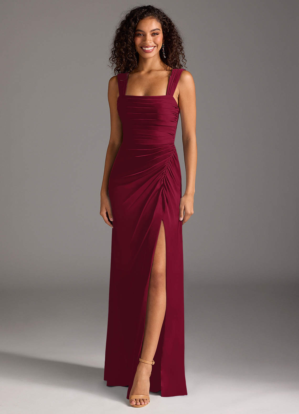 Azazie Jesaphine Bridesmaid Dresses Burgundy Sheath Bow Stretch Satin Dress image1