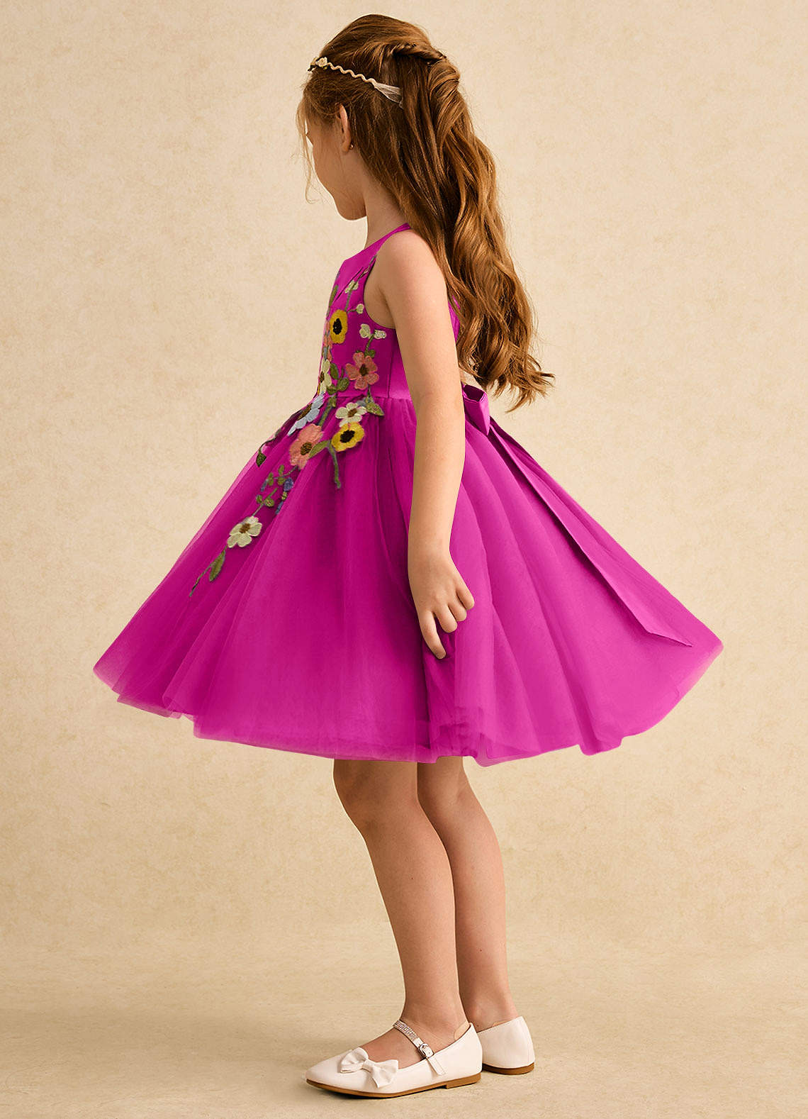 Azazie Prima Blumenmädchenkleider A-Linie Schleifen Tüll Kleid Fuchsia image3