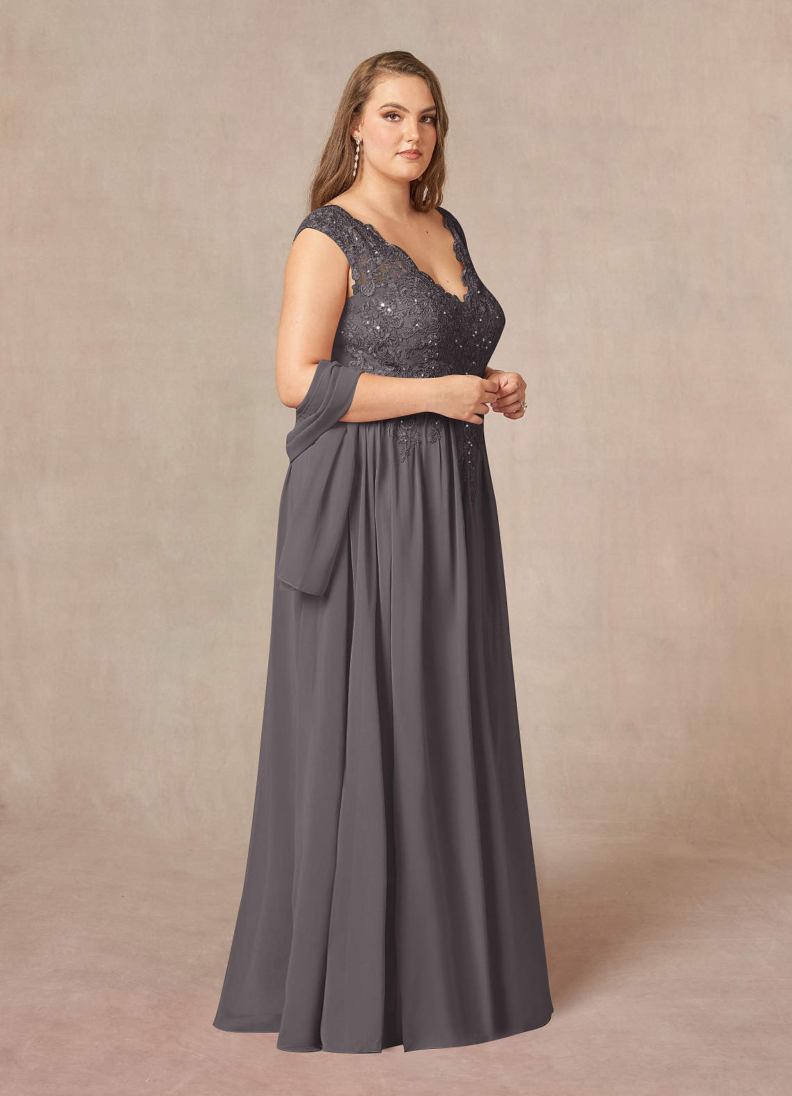 Azazie Amethyst Steel Grey A-Line V-Neck Sequins Chiffon Dress